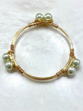 Gold Wire Bracelet with Cream Faux Pearl Accents - Women Jewelry